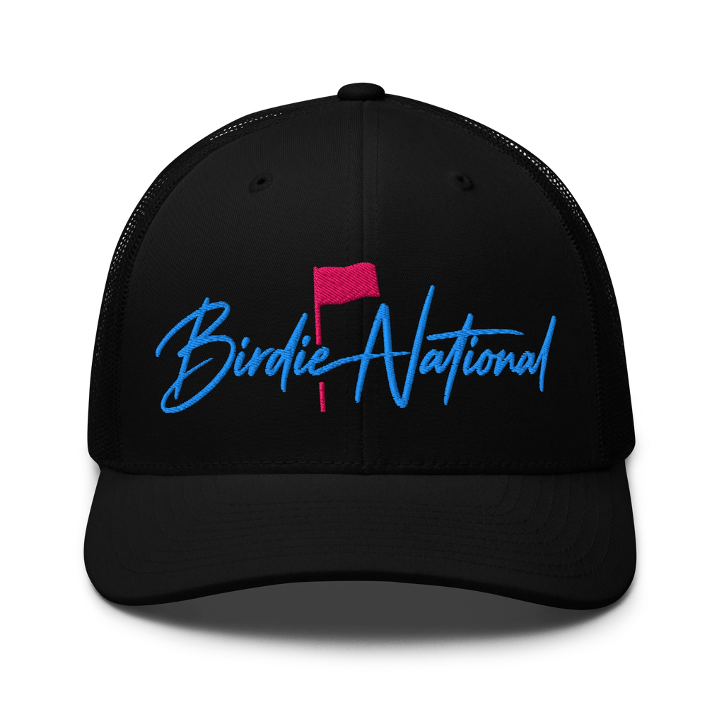 Birdie National black trucker hat with breathable mesh back and blue and pink embroidered logo on front panel