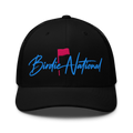 Birdie National black trucker hat with breathable mesh back and blue and pink embroidered logo on front panel