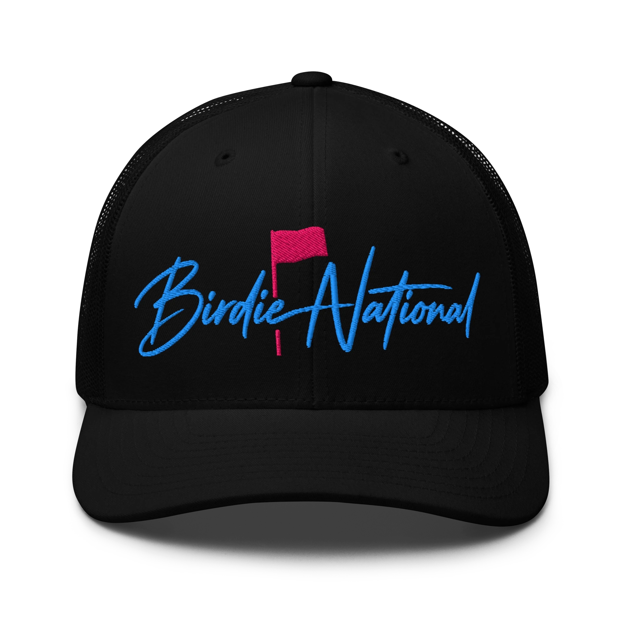Birdie National black trucker hat with breathable mesh back and blue and pink embroidered logo on front panel