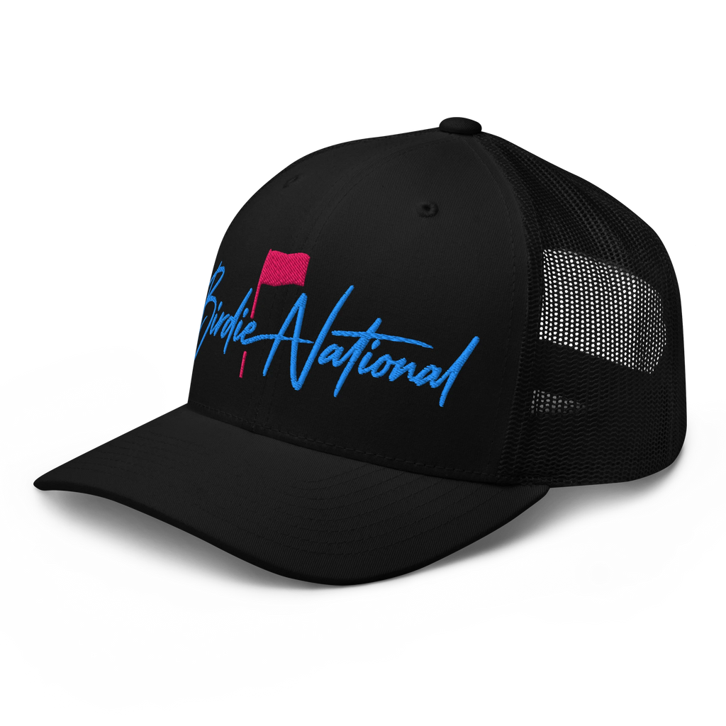 Birdie National black trucker hat with breathable mesh back and blue and pink embroidered logo on the front panel.