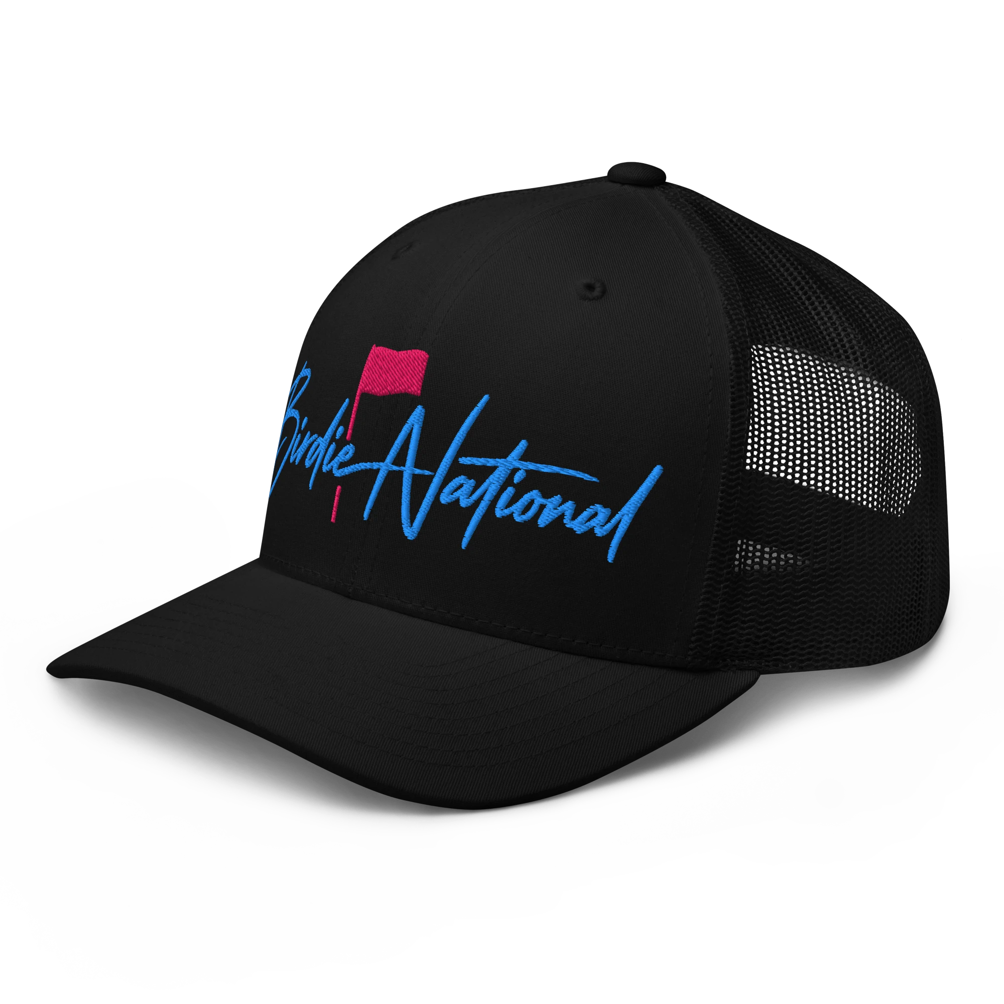 Birdie National black trucker hat with breathable mesh back and blue and pink embroidered logo on the front panel.