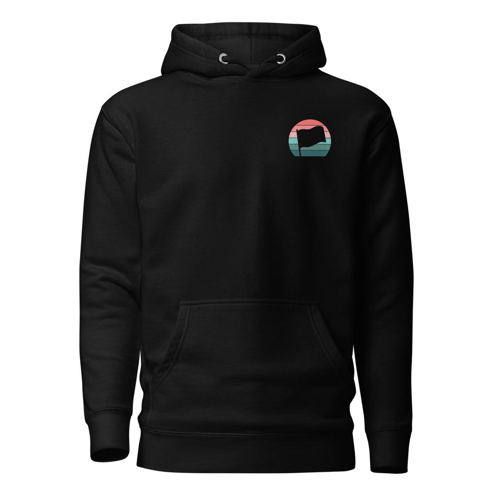 Birdie National black pullover hoodie with a retro-inspired flag graphic on the chest and a front kangaroo pocket.