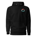Birdie National black pullover hoodie with a retro-inspired flag graphic on the chest and a front kangaroo pocket.