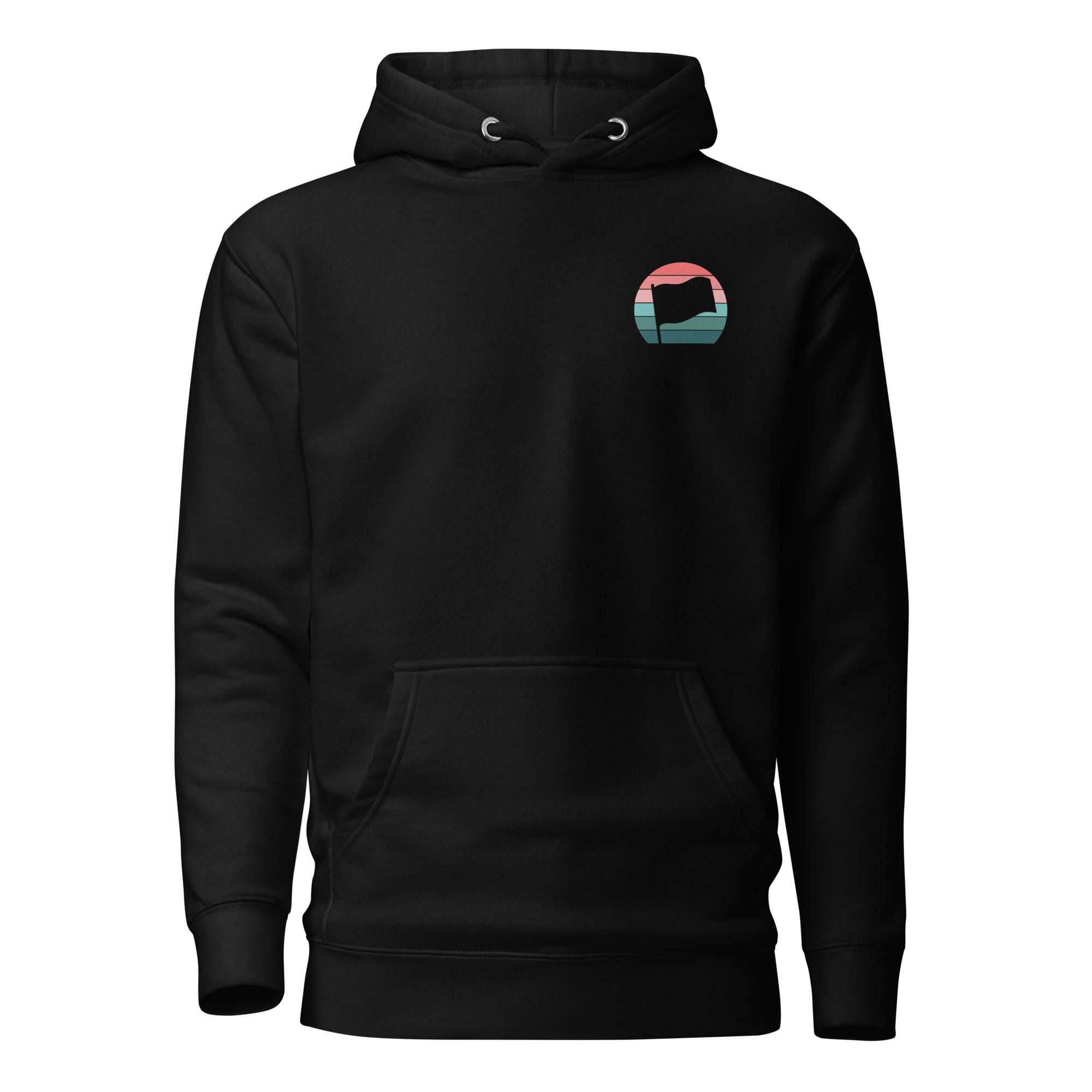Birdie National black pullover hoodie with a retro-inspired flag graphic on the chest and a front kangaroo pocket.
