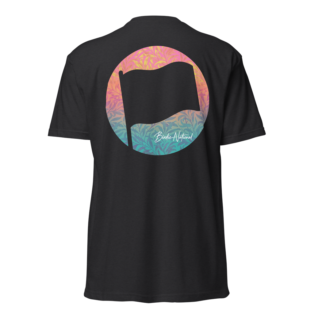 Birdie National black unisex fitted t-shirt featuring a back graphic of a flag over a colorful sunset leaf pattern.