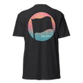 Birdie National black unisex fitted t-shirt featuring a back graphic of a flag over a colorful sunset leaf pattern.