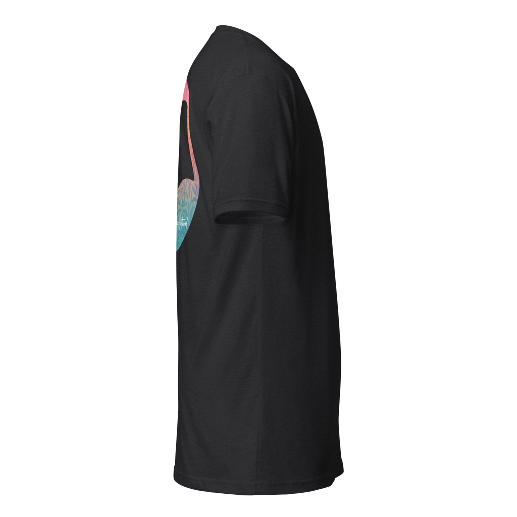 Birdie National black short sleeve t-shirt with a colorful sunset graphic on the back, side view