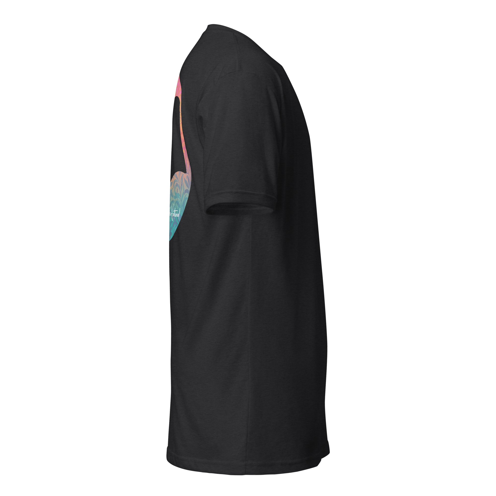 Birdie National black short sleeve t-shirt with a colorful sunset graphic on the back, side view