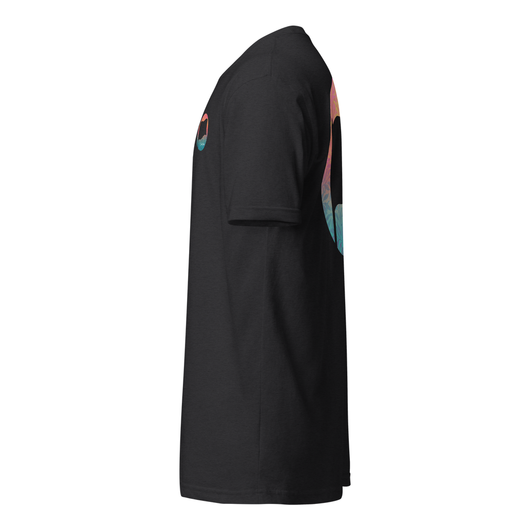 Side view of a black Birdie National graphic t-shirt featuring a colorful sunset gradient design on the back