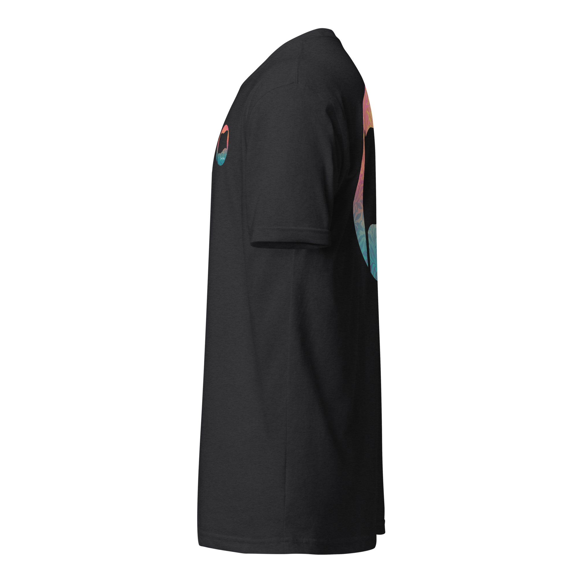 Side view of a black Birdie National graphic t-shirt featuring a colorful sunset gradient design on the back