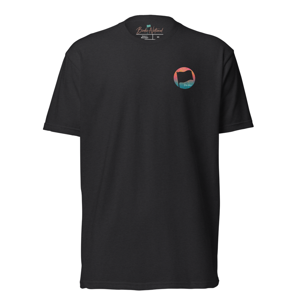 Birdie National black unisex fitted t-shirt featuring a small circular sunset gradient flag graphic on the chest.