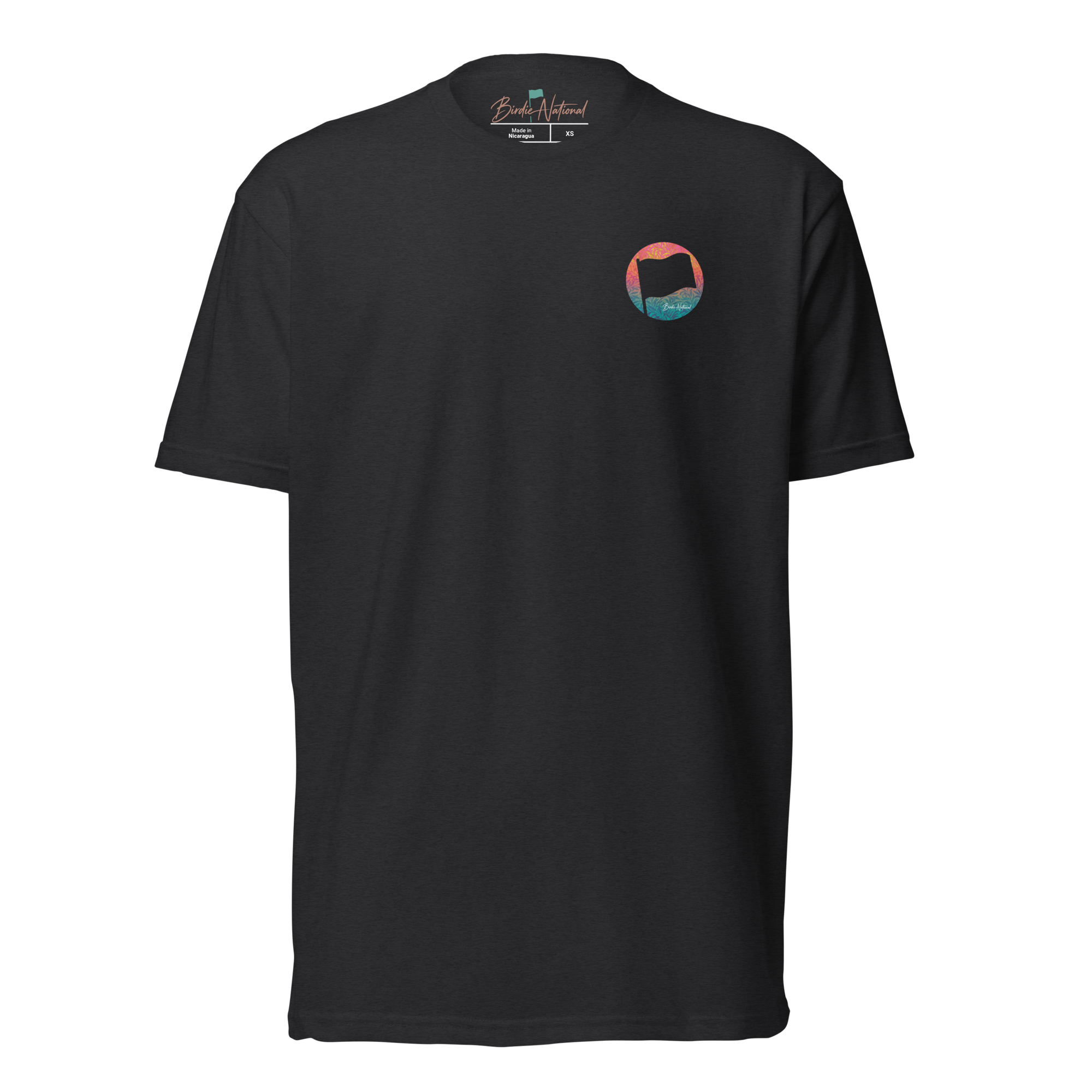 Birdie National black unisex fitted t-shirt featuring a small circular sunset gradient flag graphic on the chest.