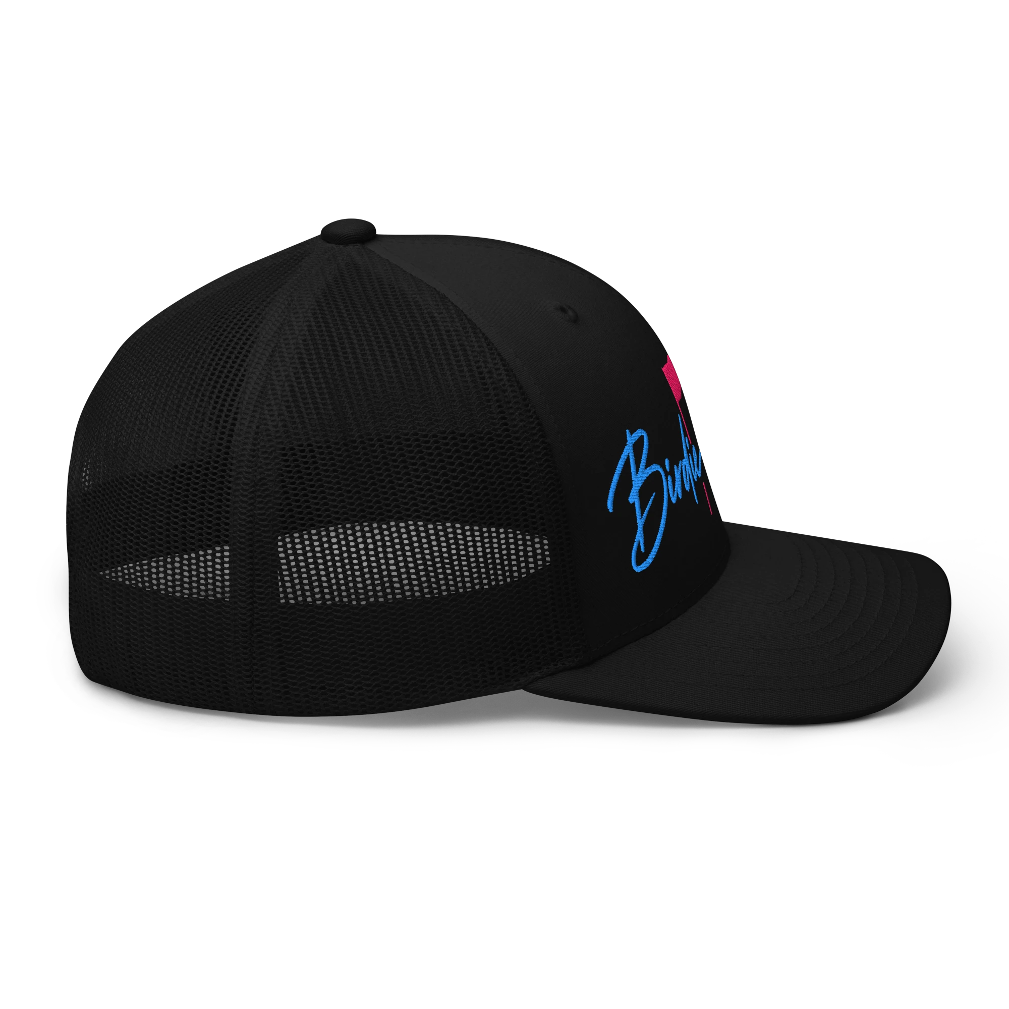 Birdie National black trucker hat with breathable mesh back and blue and pink embroidered logo on the side profile