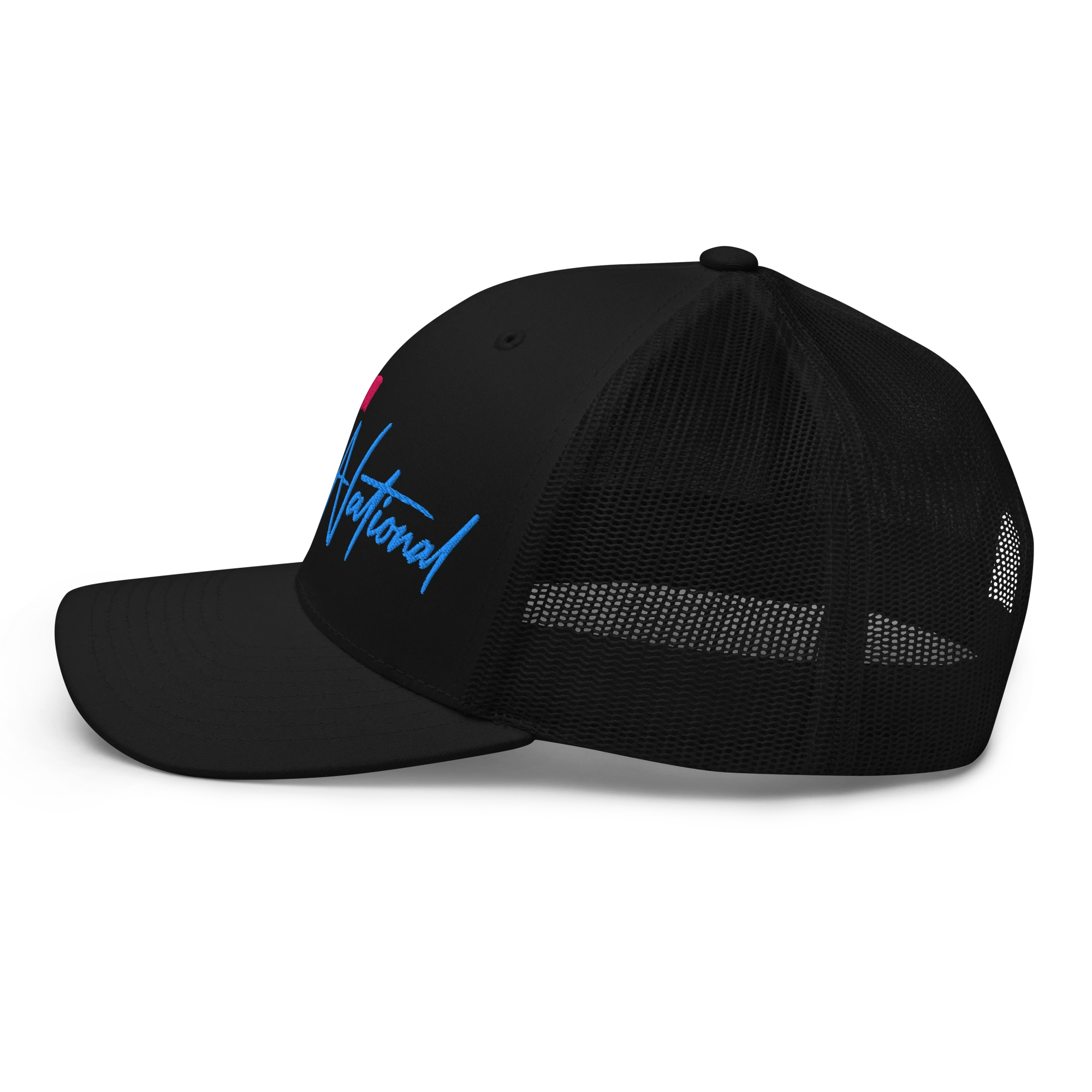 Birdie National black trucker hat with breathable mesh back and blue embroidered script logo, side profile view.