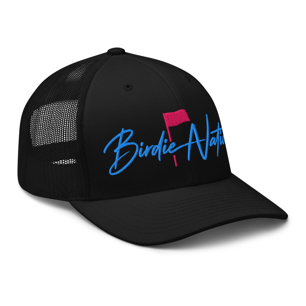 Birdie National black trucker hat with breathable mesh back and blue and pink embroidered logo on the front panel.