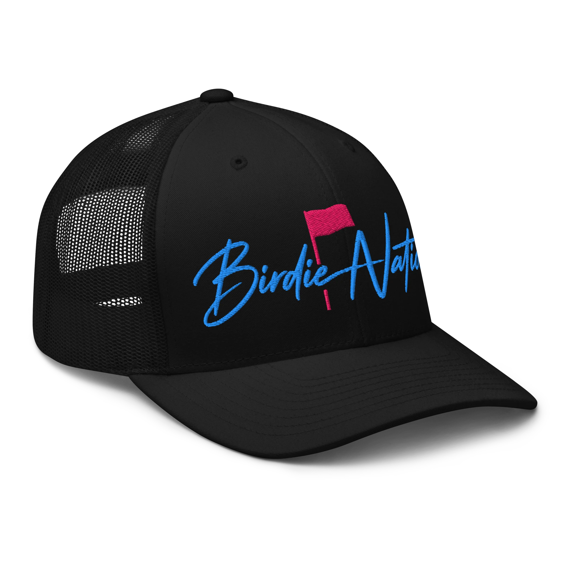 Birdie National black trucker hat with breathable mesh back and blue and pink embroidered logo on the front panel.