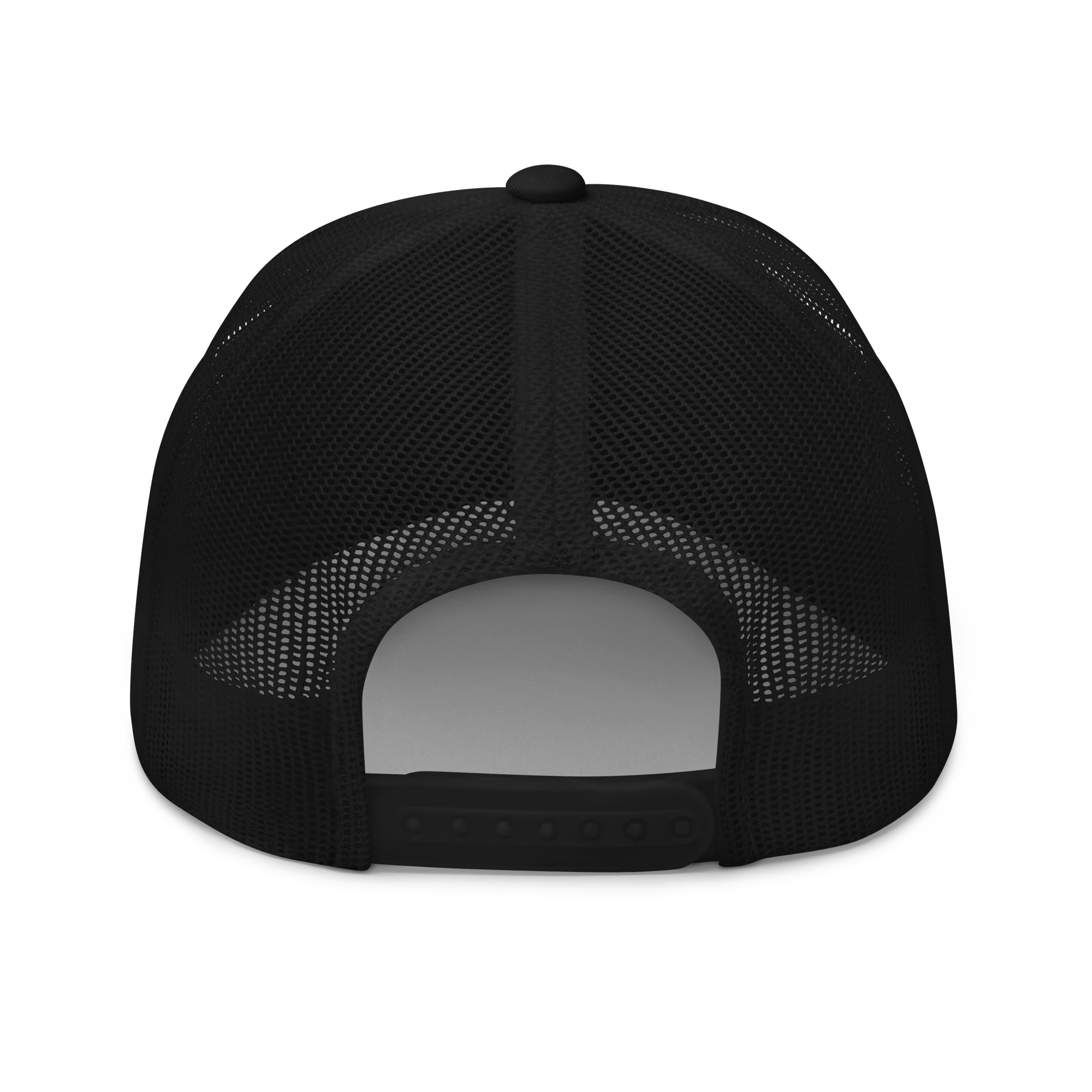 Birdie National black trucker hat with breathable mesh back and adjustable snapback closure