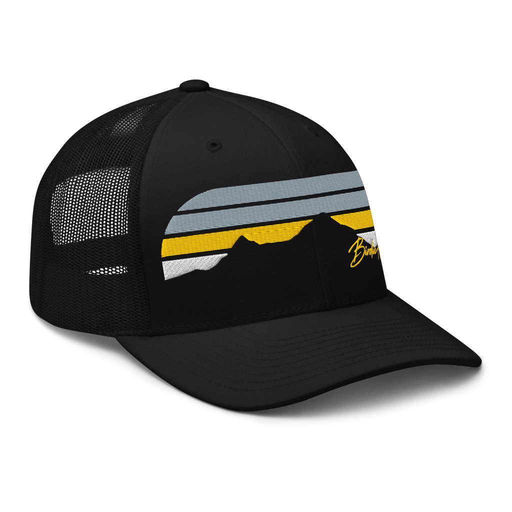Birdie National black trucker cap with mesh back and embroidered mountain sunset graphic on the front panel.