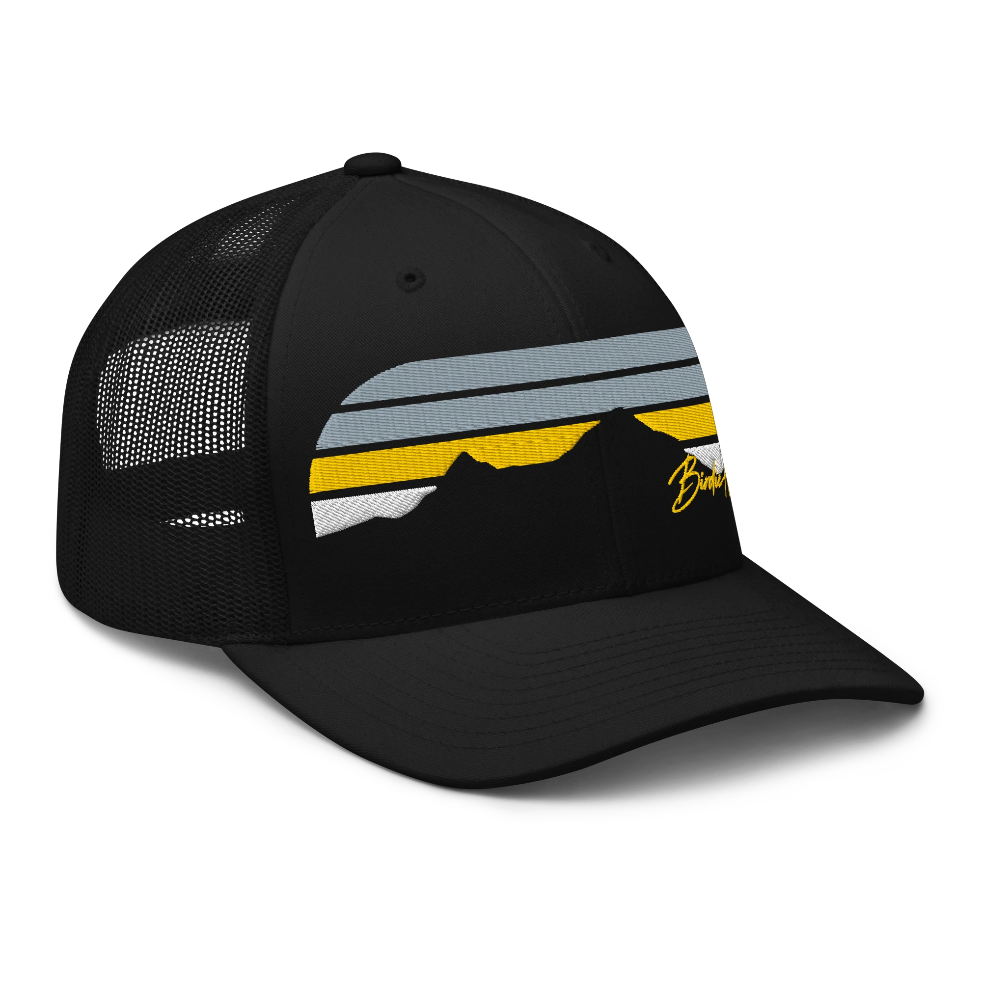 Birdie National black trucker cap with mesh back and embroidered mountain sunset graphic on the front panel.