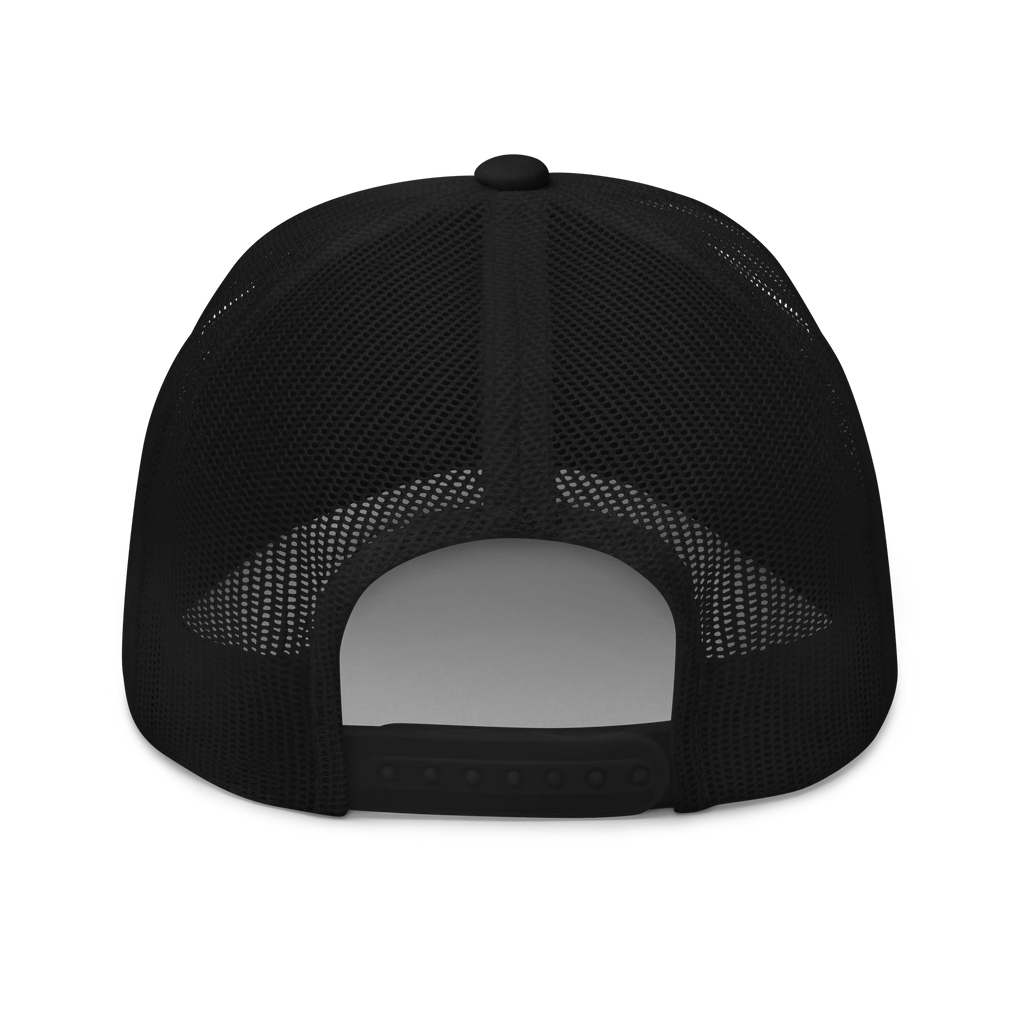 Birdie National black six-panel trucker cap with breathable mesh back and adjustable plastic snapback closure