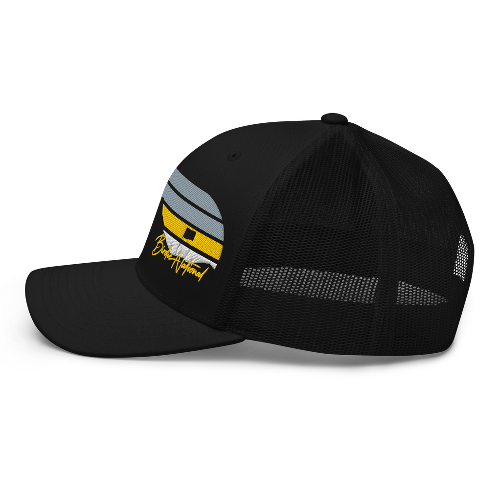 Birdie National black six-panel trucker cap with mesh back and mountain air flow embroidery on the side