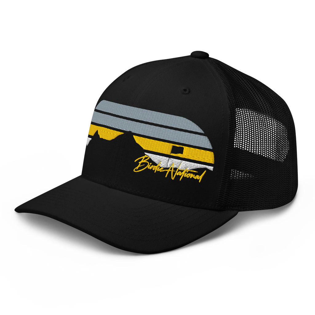 Birdie National black trucker cap with mesh back and embroidered mountain graphic in yellow and grey