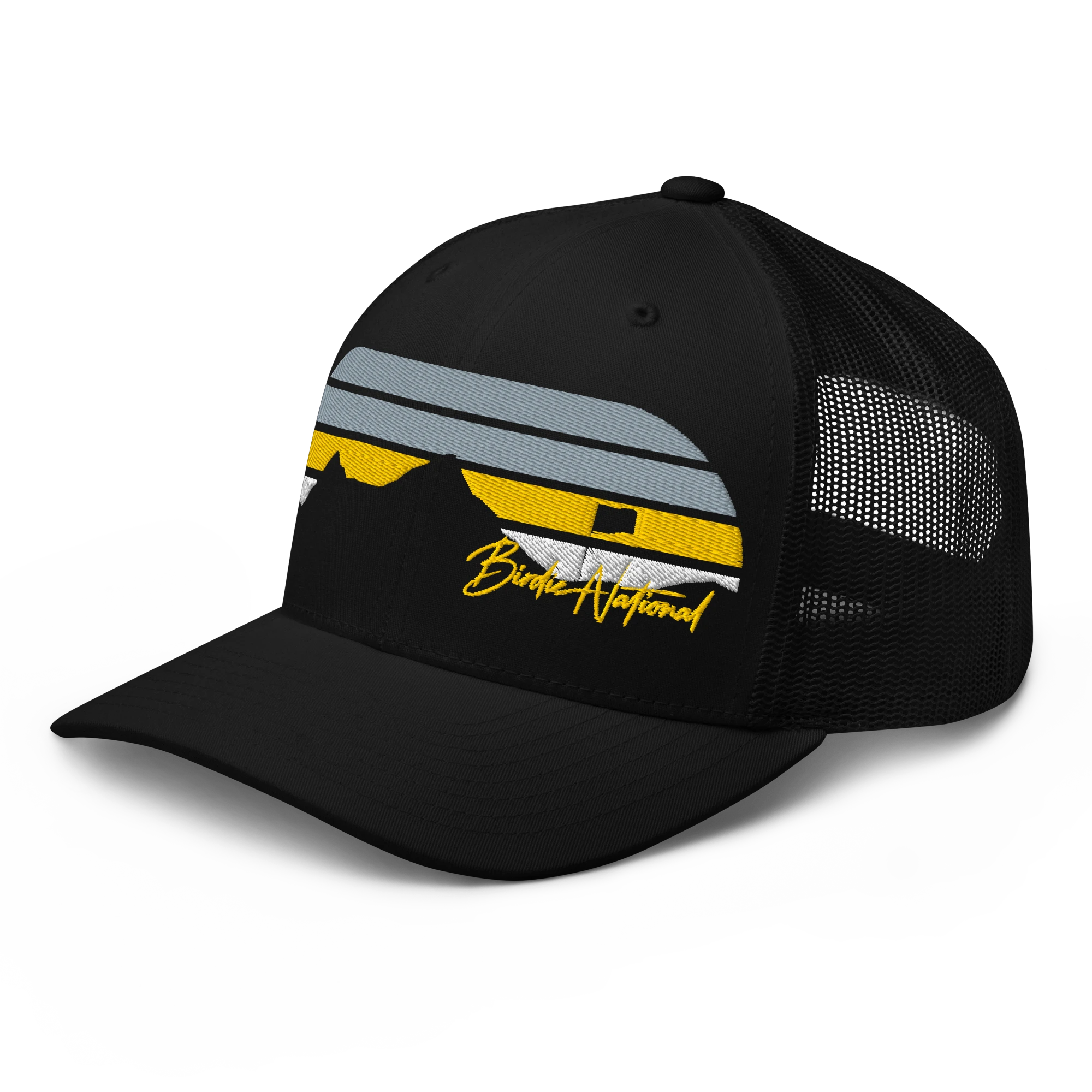Birdie National black trucker cap with mesh back and embroidered mountain graphic in yellow and grey