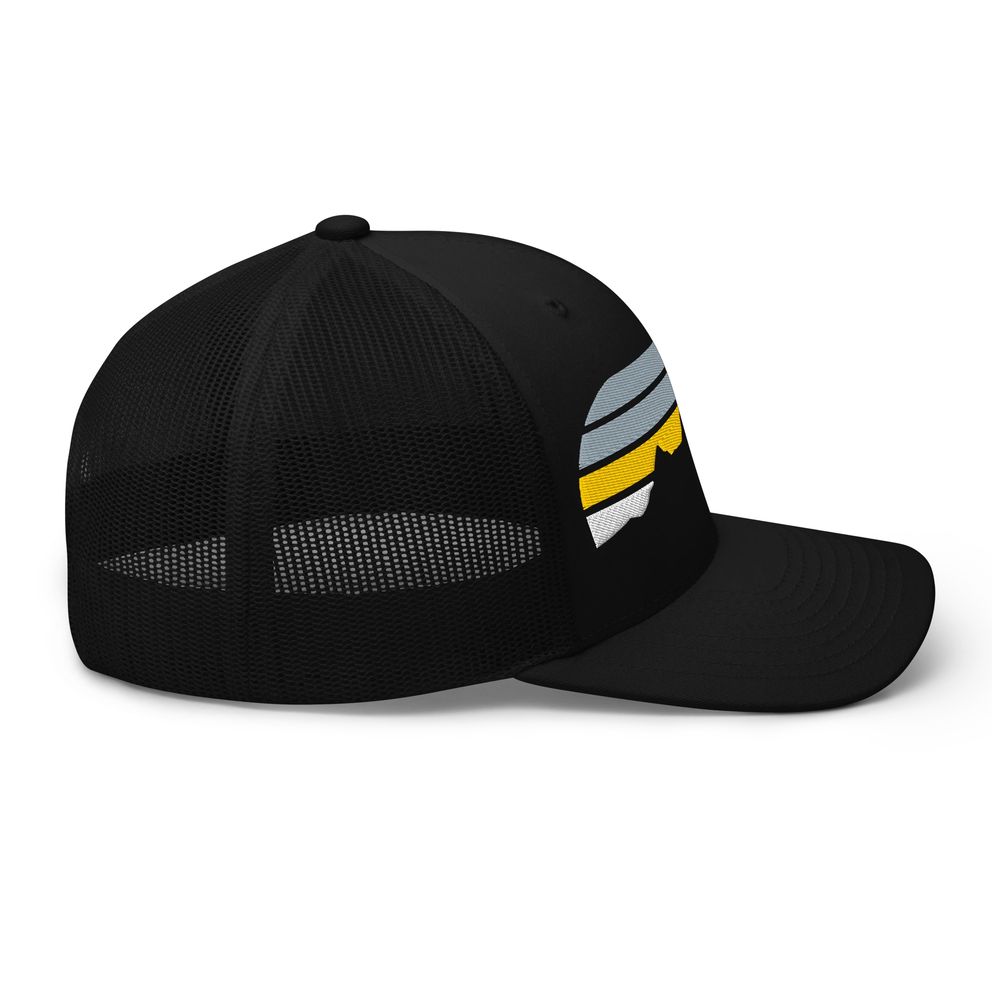 Birdie National black trucker cap with mesh back and mountain air flow graphic embroidery on the front panel.