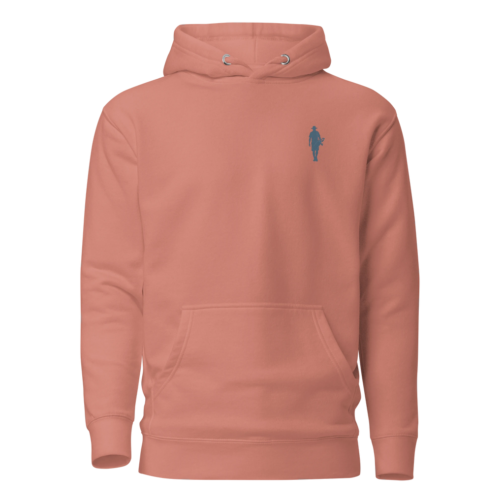Birdie National pullover hoodie in sunset coral with a small blue golfer logo on the chest and kangaroo pocket.
