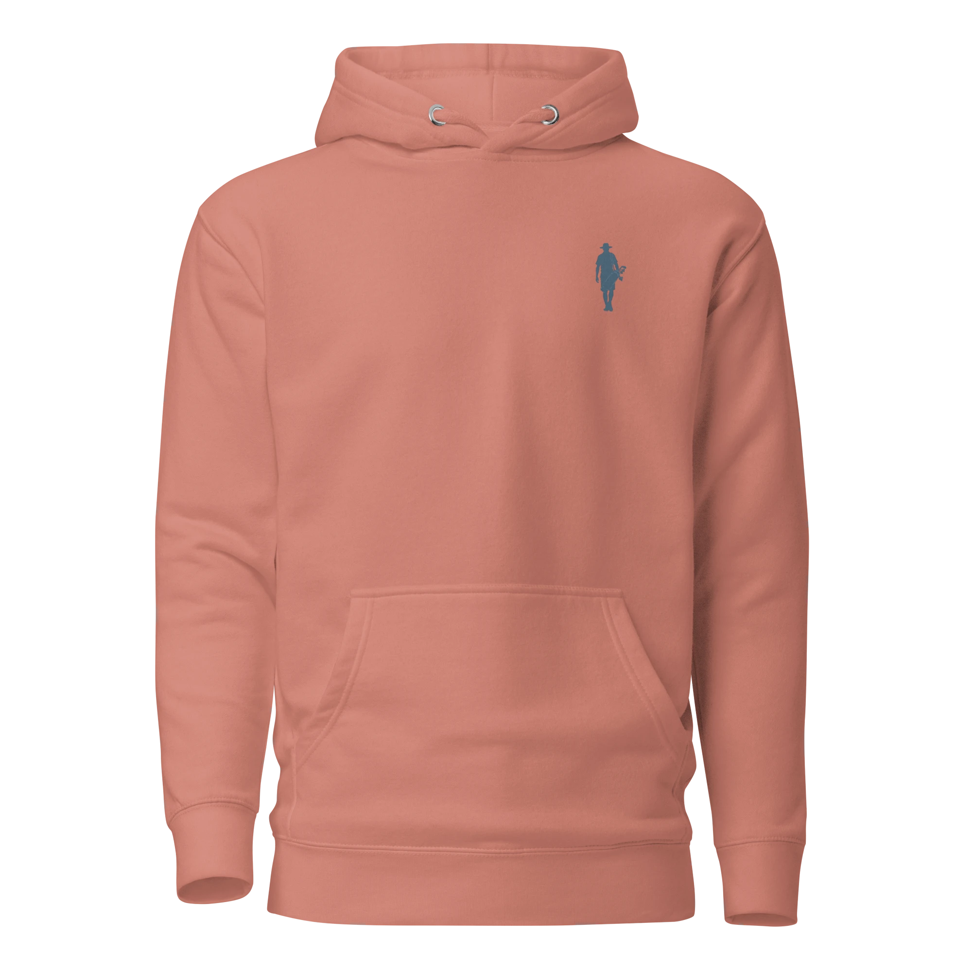 Birdie National pullover hoodie in sunset coral with a small blue golfer logo on the chest and kangaroo pocket.