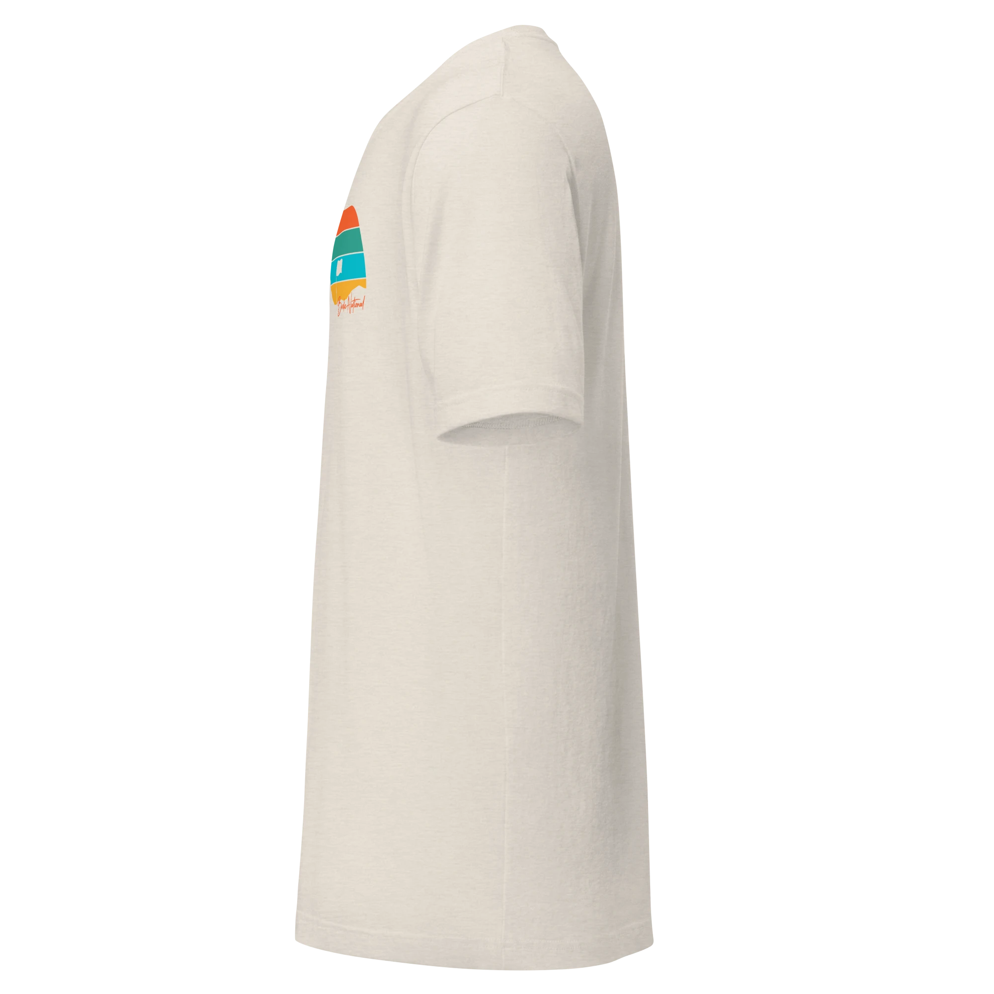 Birdie National unisex cream cotton t-shirt with a colorful retro surfboard graphic on the side view