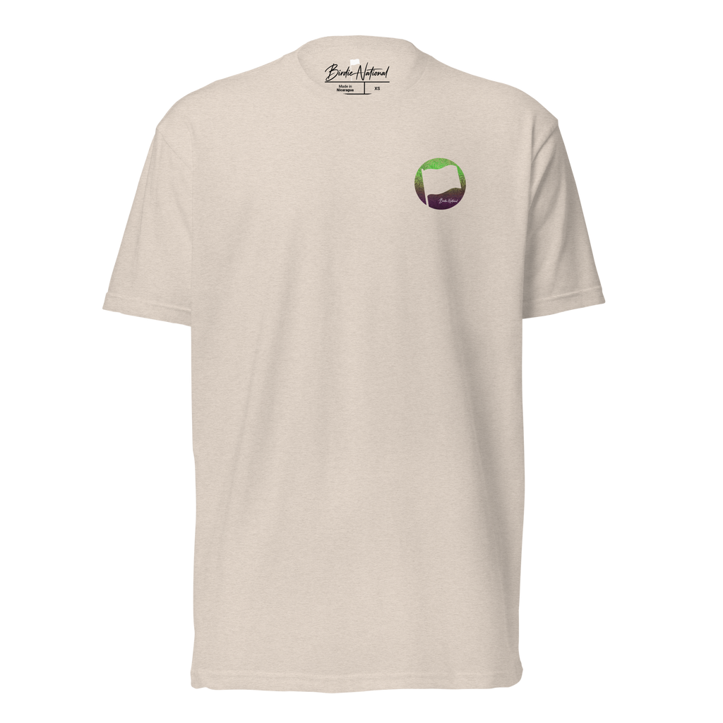 Birdie National heathered cream crewneck t-shirt with a small green and purple gradient flag logo on the chest.
