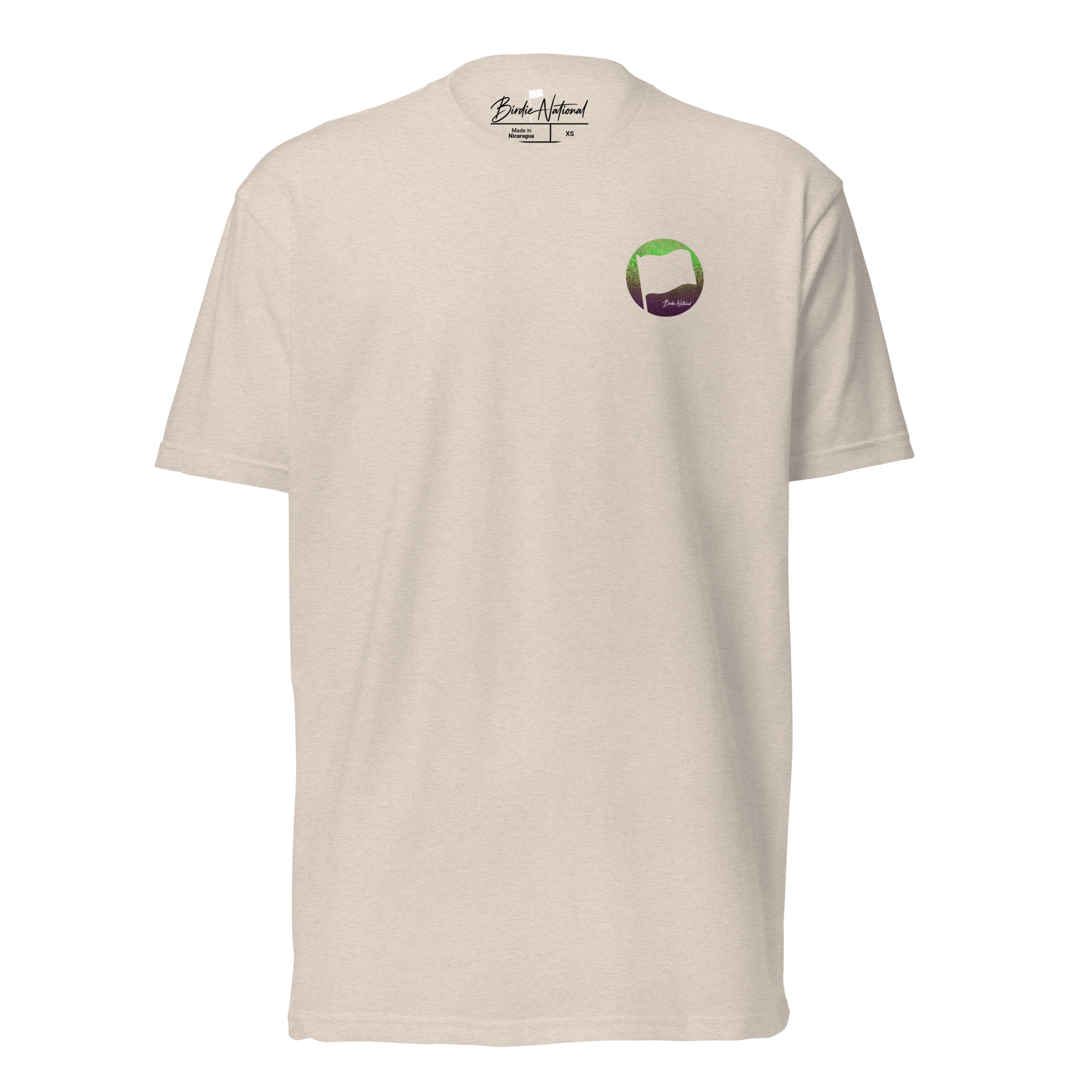 Birdie National heathered cream crewneck t-shirt with a small green and purple gradient flag logo on the chest.