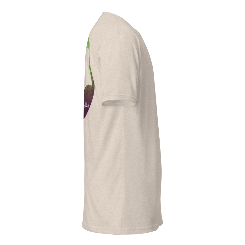 Birdie National cream heathered crewneck t-shirt with a green and purple gradient leaf graphic on the back