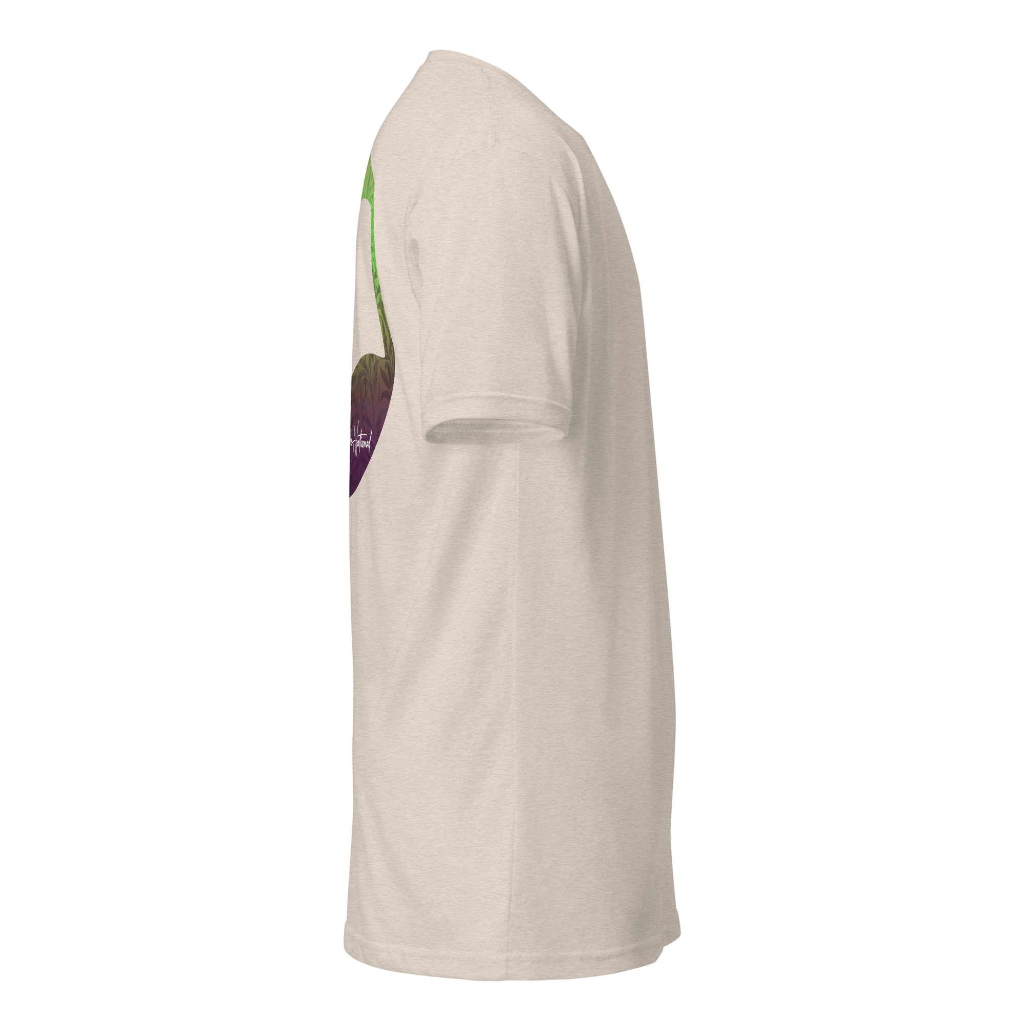 Birdie National cream heathered crewneck t-shirt with a green and purple gradient leaf graphic on the back