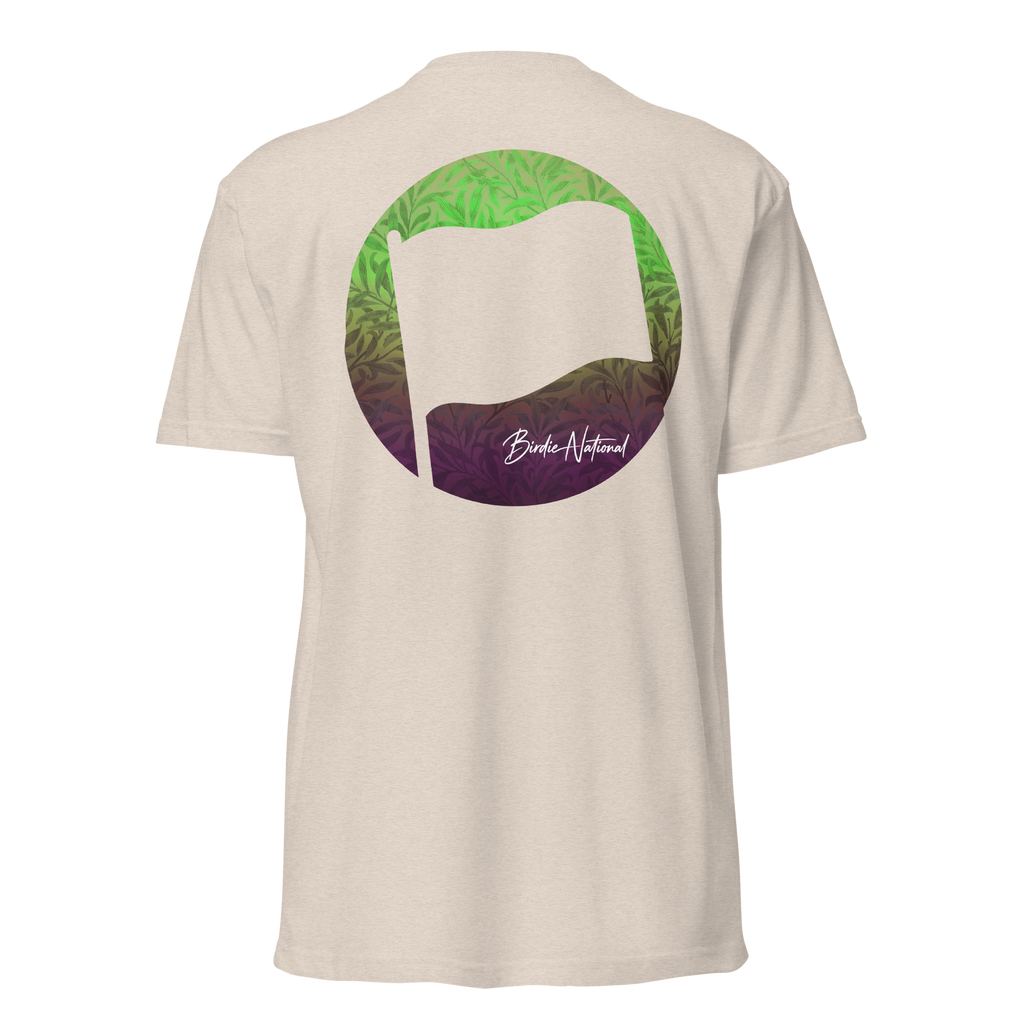 Birdie National cream crewneck t-shirt featuring a back graphic of a flag over a green-to-purple gradient leaf print.