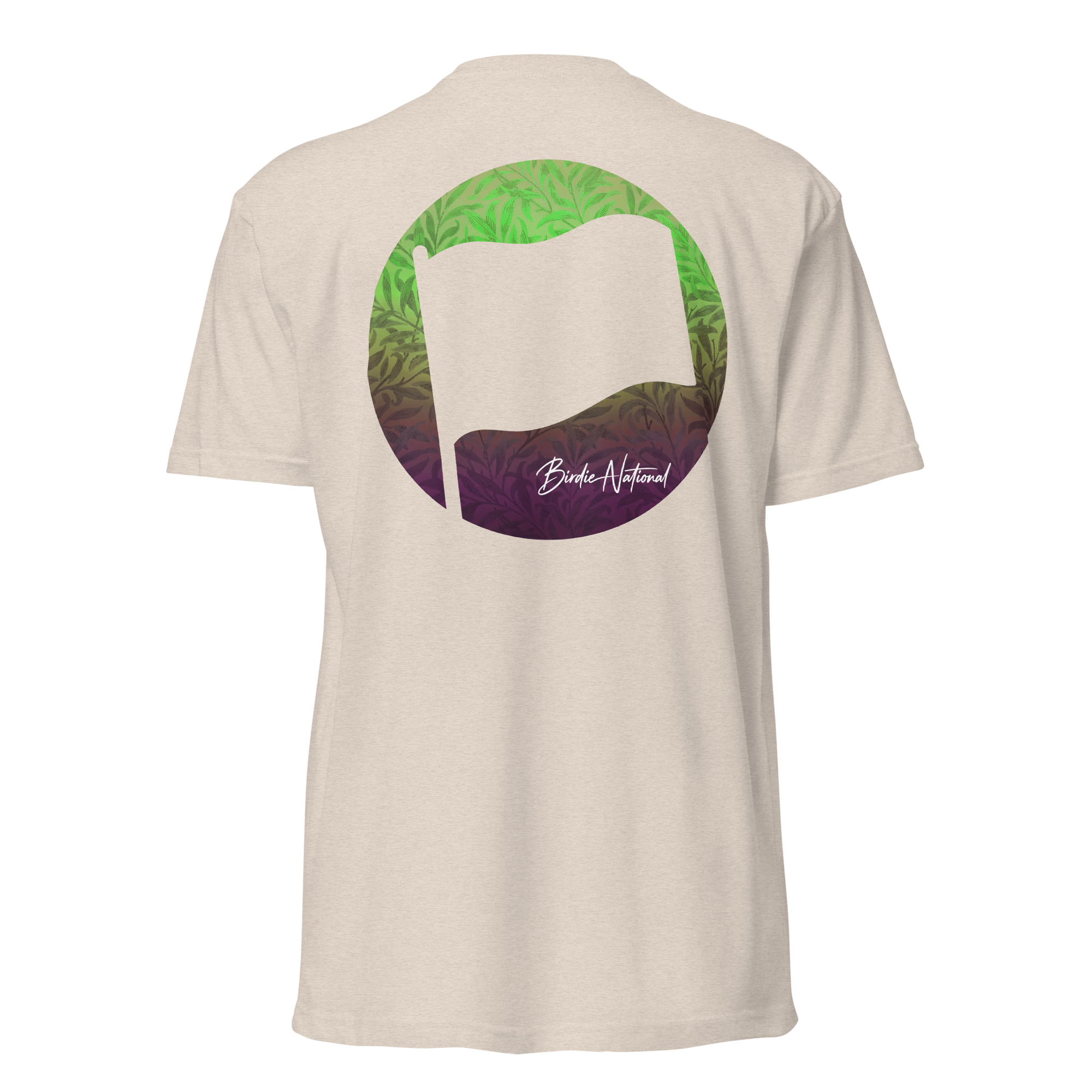 Birdie National cream crewneck t-shirt featuring a back graphic of a flag over a green-to-purple gradient leaf print.