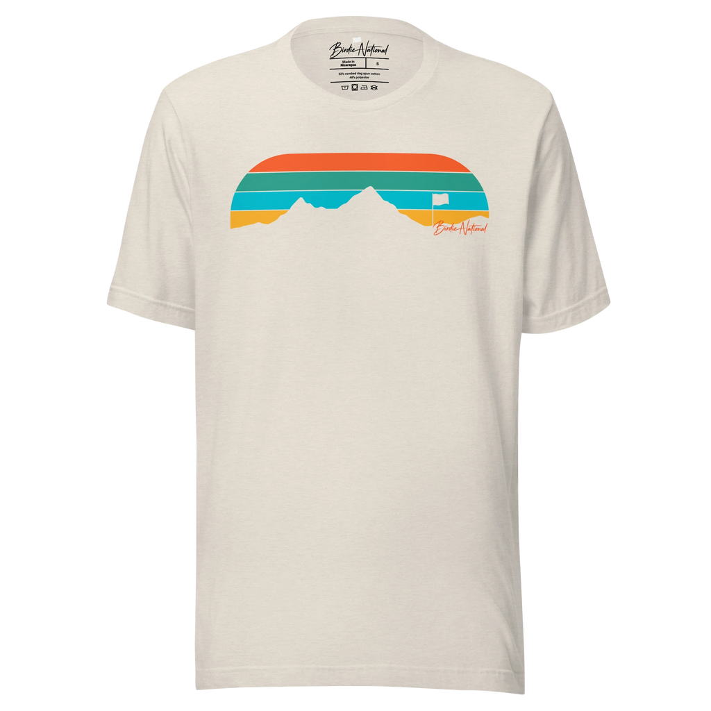 Birdie National unisex cream t-shirt featuring a retro mountain and golf flag graphic in orange, teal, and green.