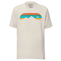 Birdie National unisex cream t-shirt featuring a retro mountain and golf flag graphic in orange, teal, and green.