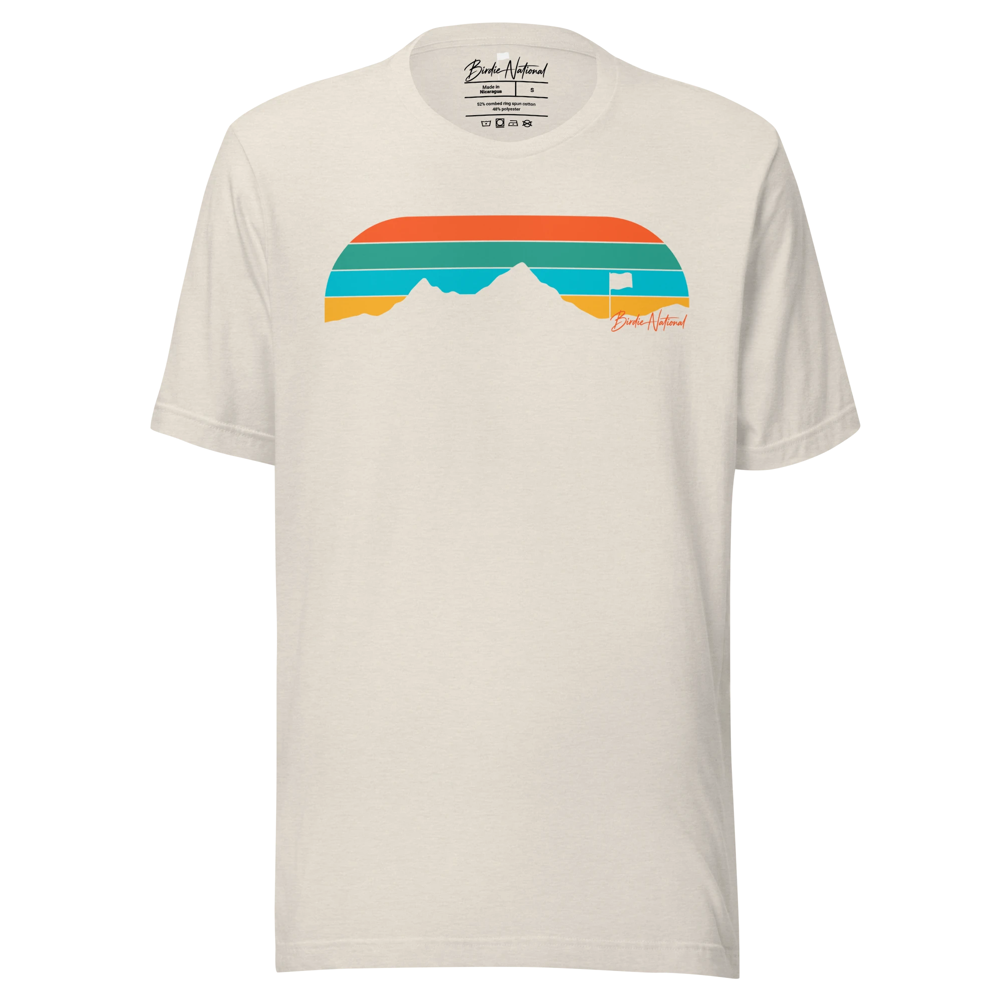 Birdie National unisex cream t-shirt featuring a retro mountain and golf flag graphic in orange, teal, and green.