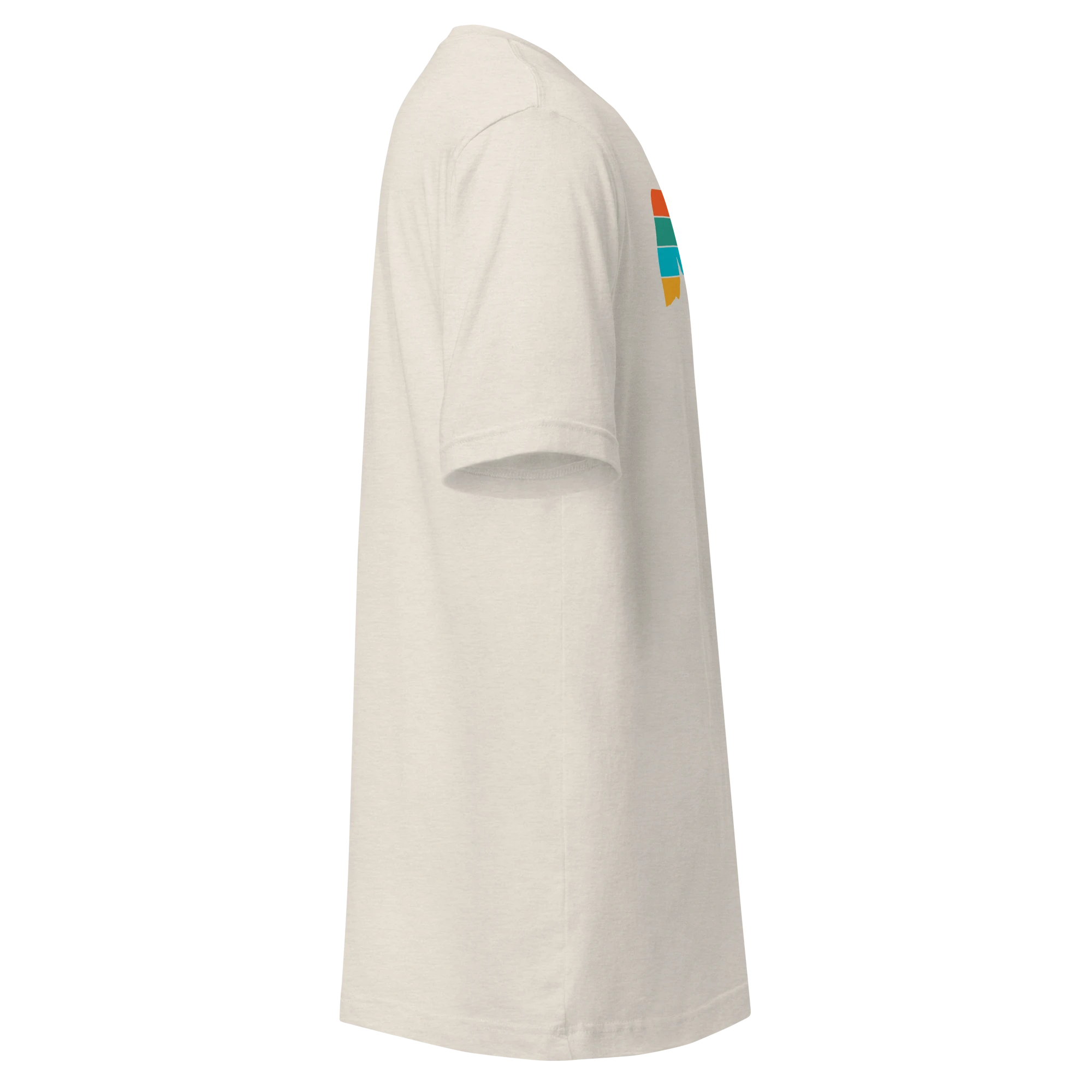Birdie National unisex cream t-shirt in a side profile view featuring a small colorful graphic on the chest.