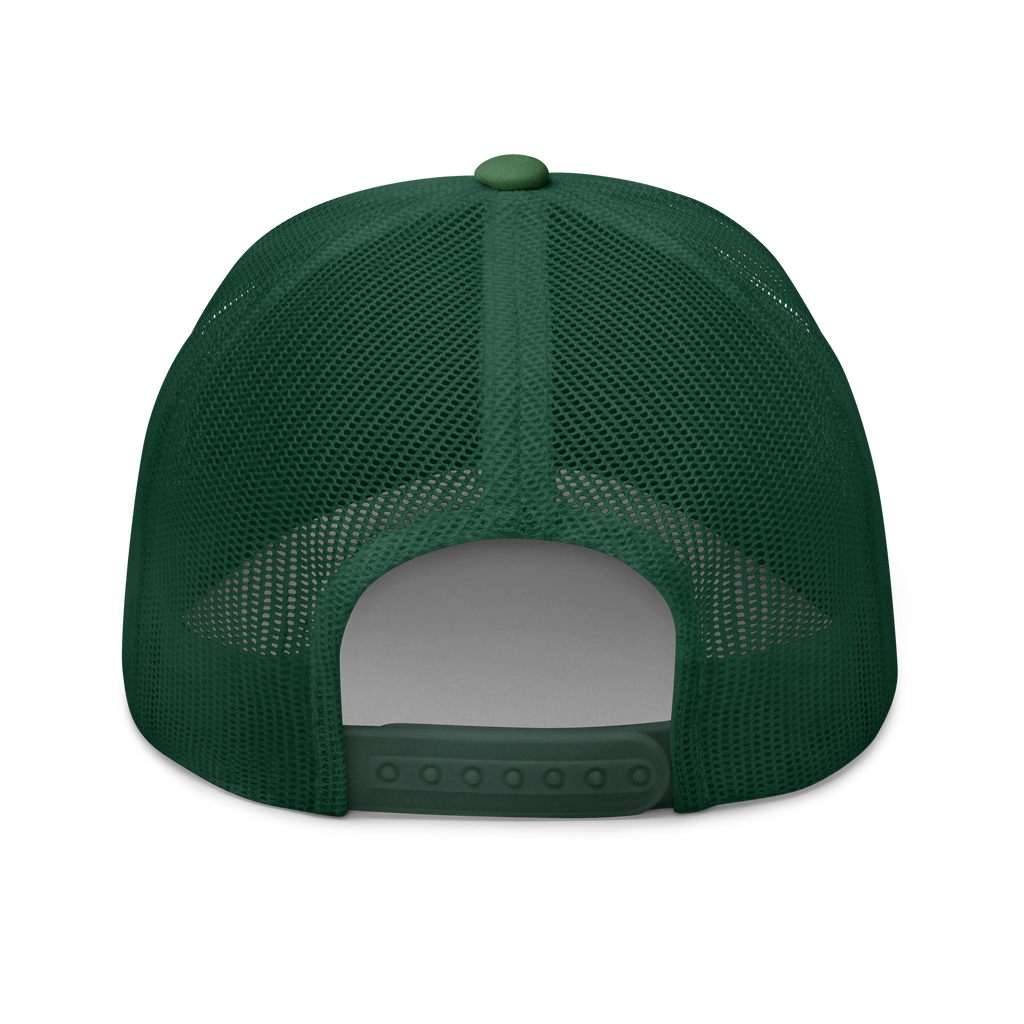 Birdie National green six-panel trucker cap with breathable mesh back and adjustable plastic snapback closure