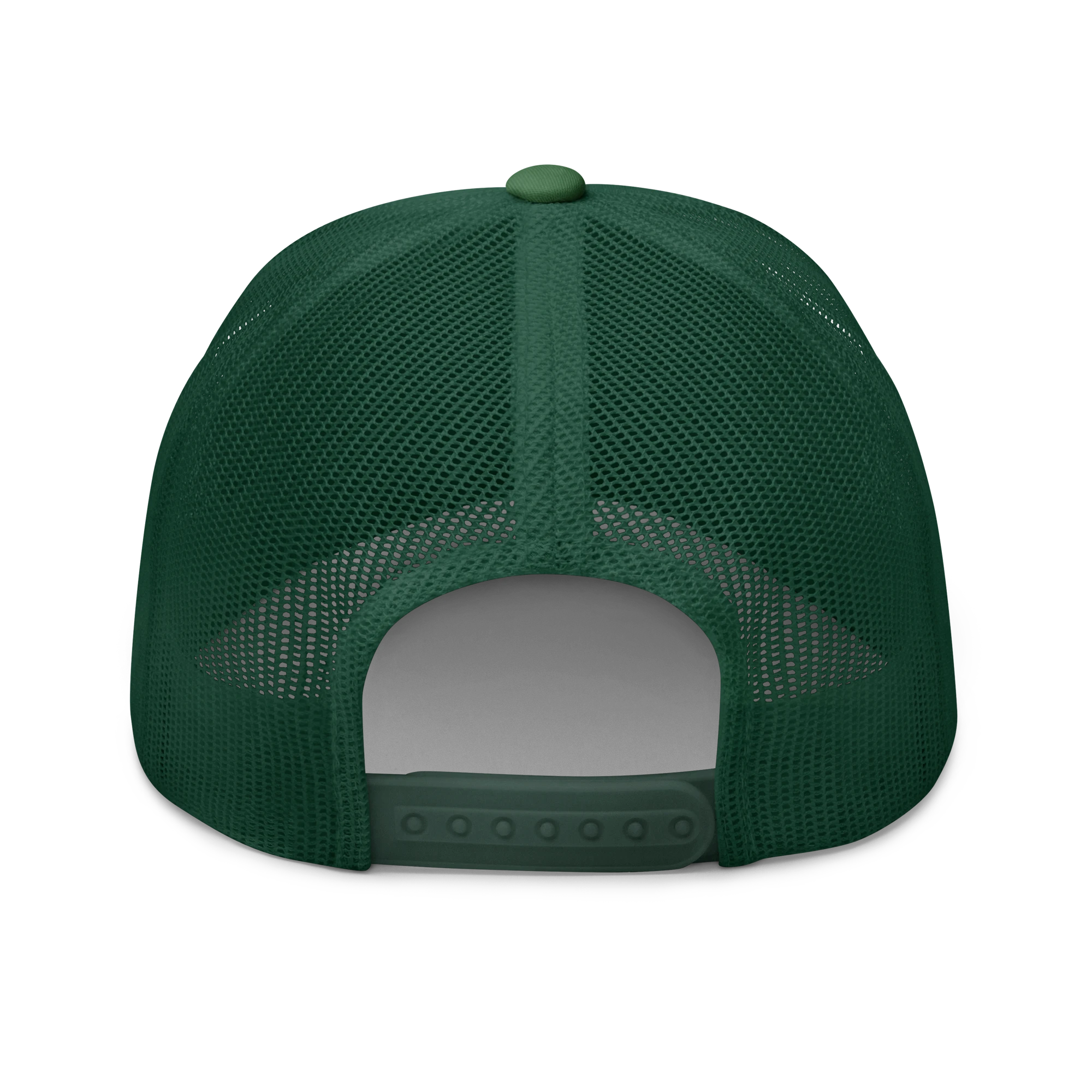 Birdie National green six-panel trucker cap with breathable mesh back and adjustable plastic snapback closure