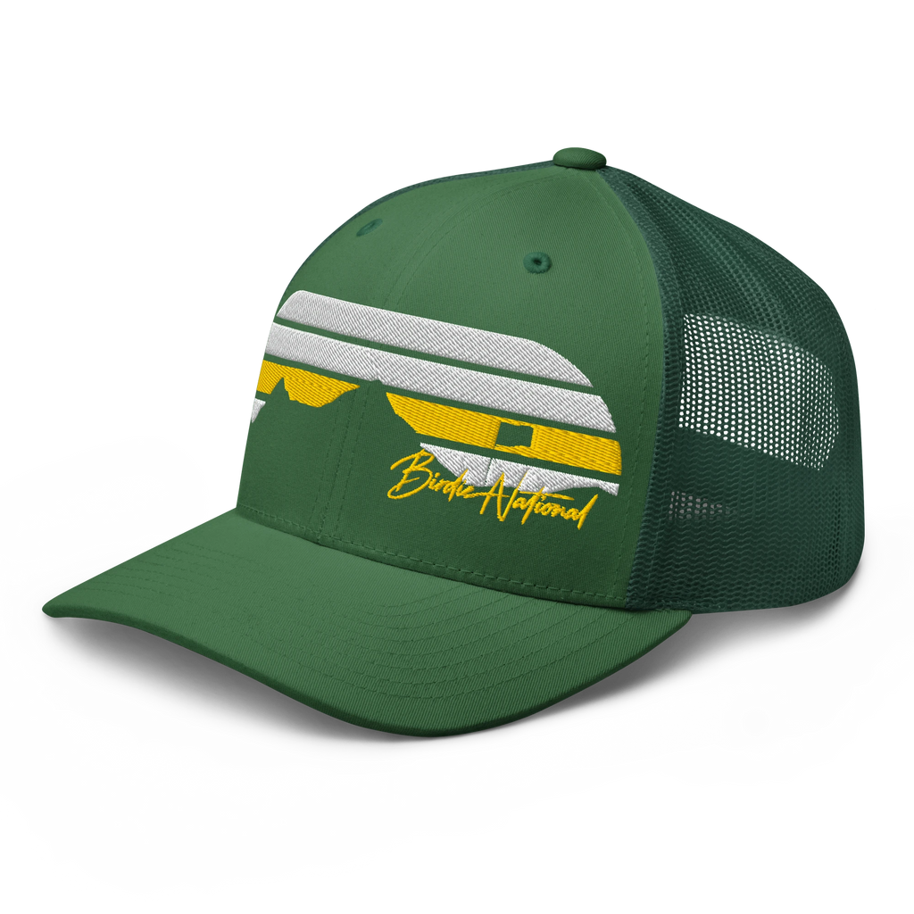 Birdie National green six-panel trucker cap with mesh back and embroidered mountain air flow graphic