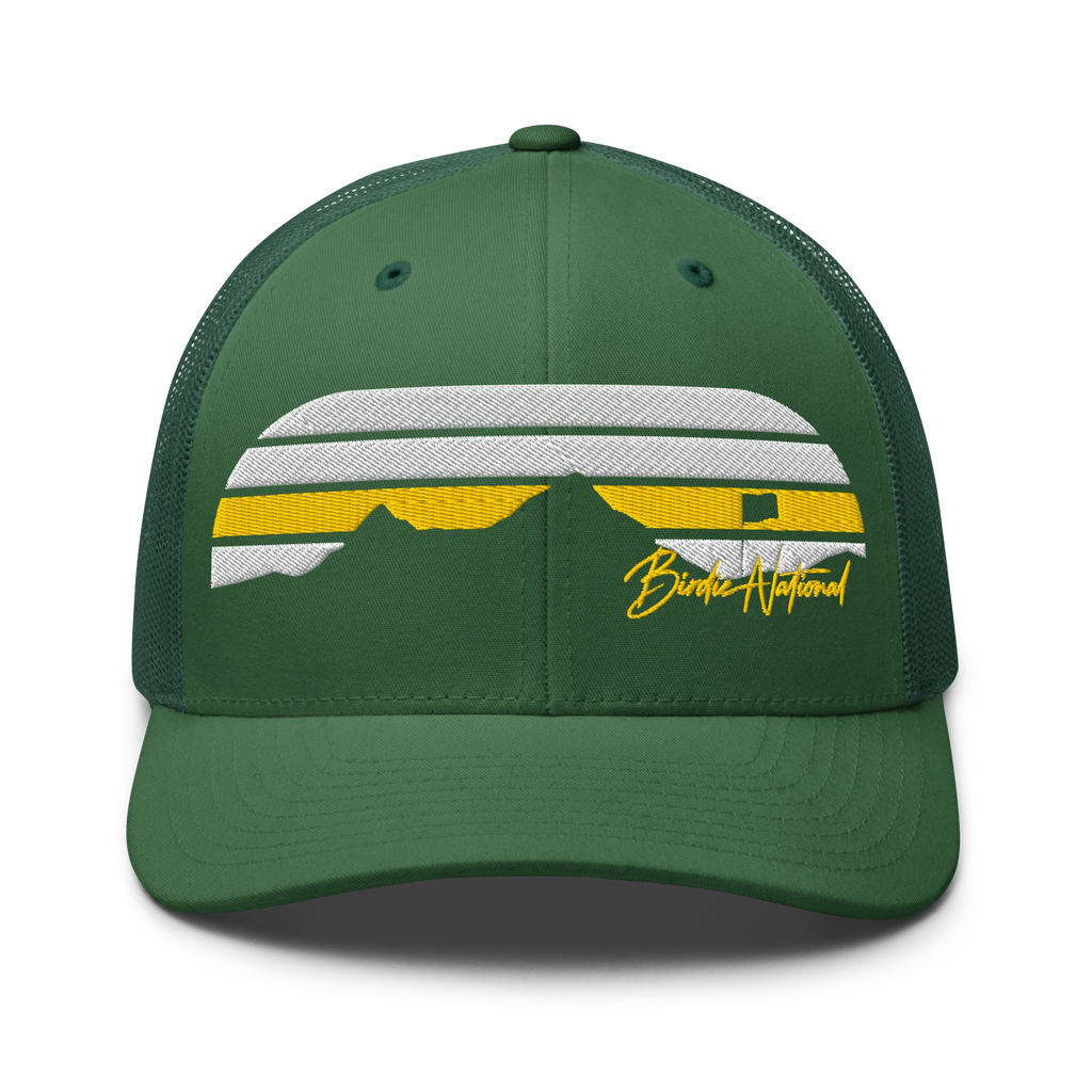 Birdie National green six-panel trucker cap with mesh back and embroidered mountain and golf flag graphic