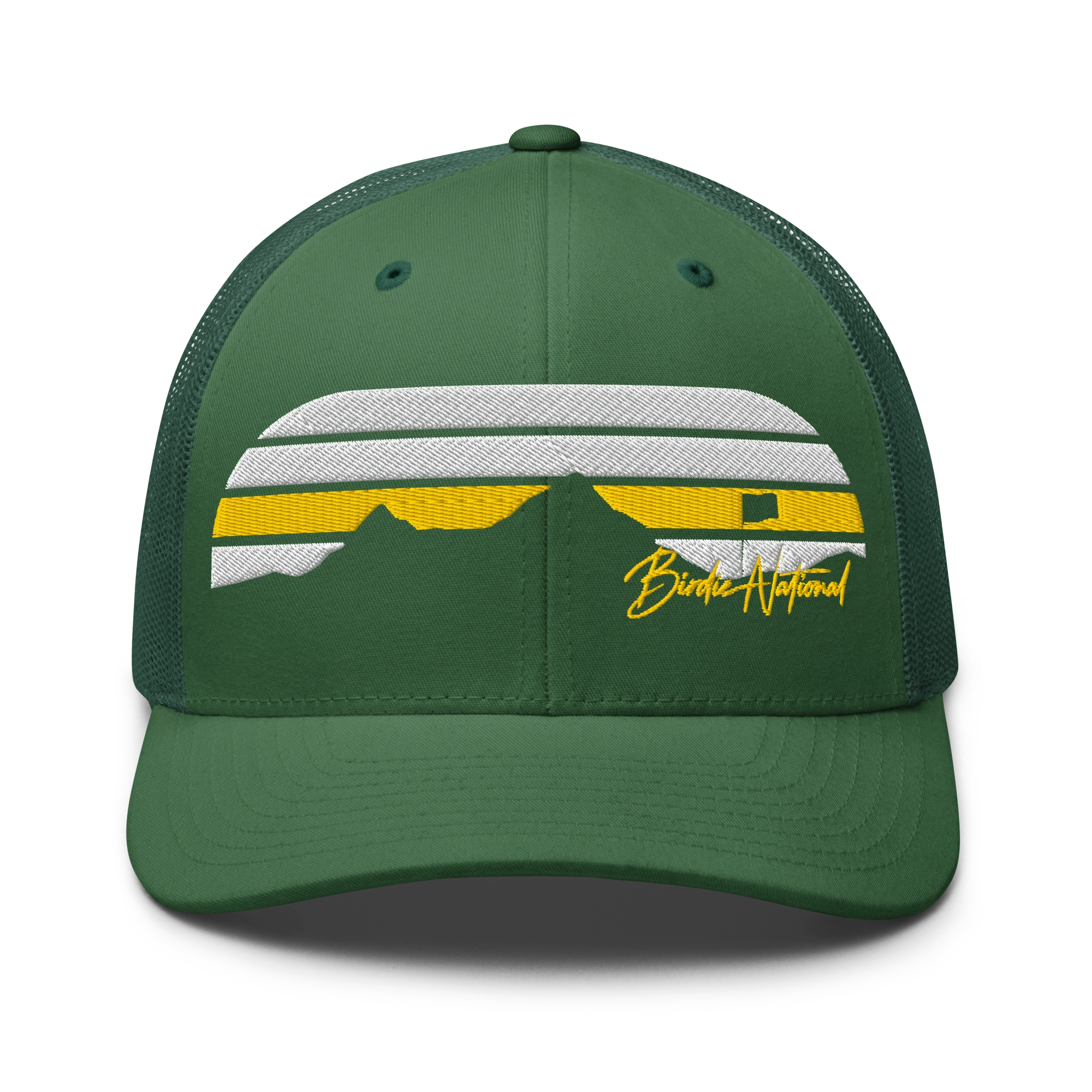 Birdie National green six-panel trucker cap with mesh back and embroidered mountain and golf flag graphic