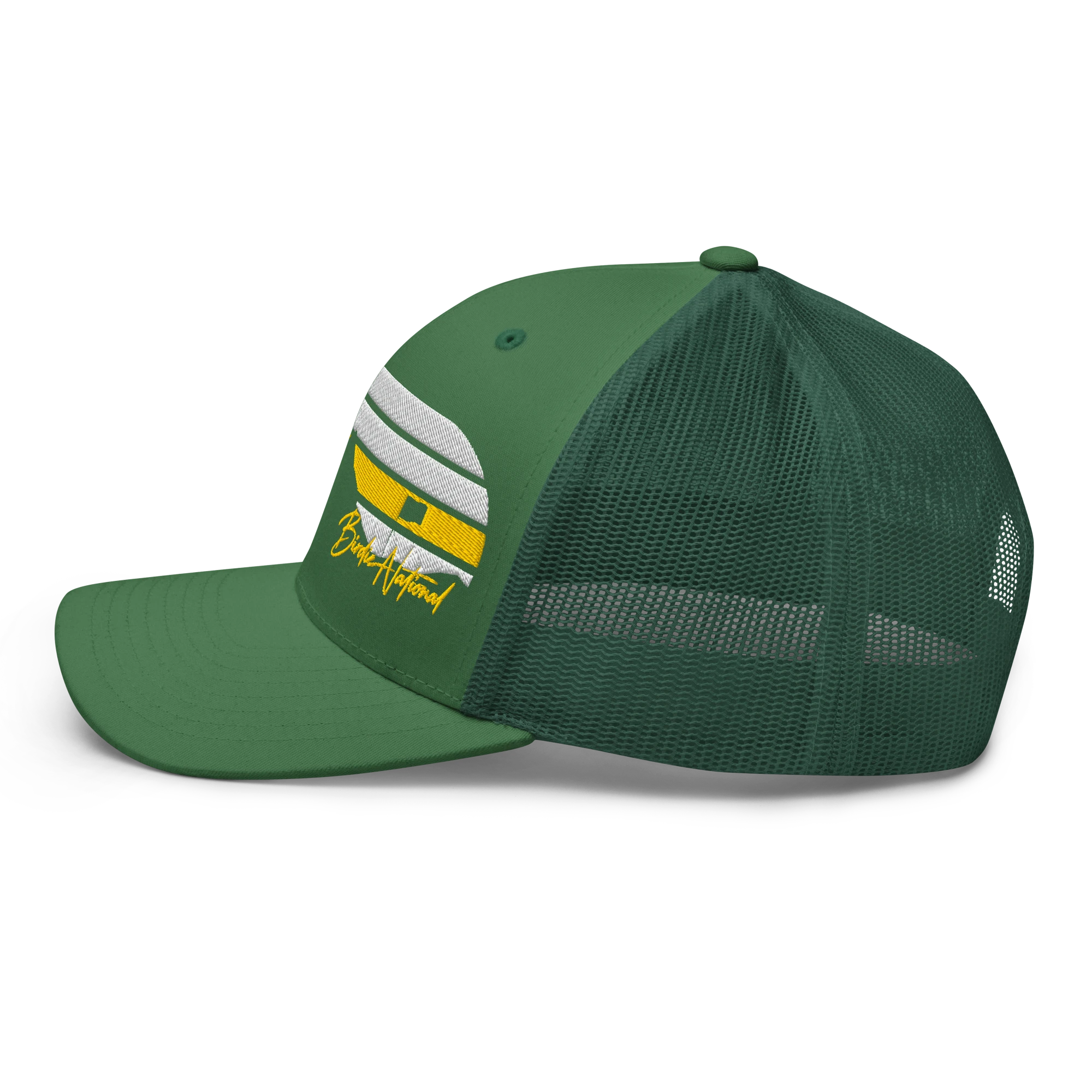 Birdie National green six-panel trucker cap with mesh back and embroidered mountain logo on the side