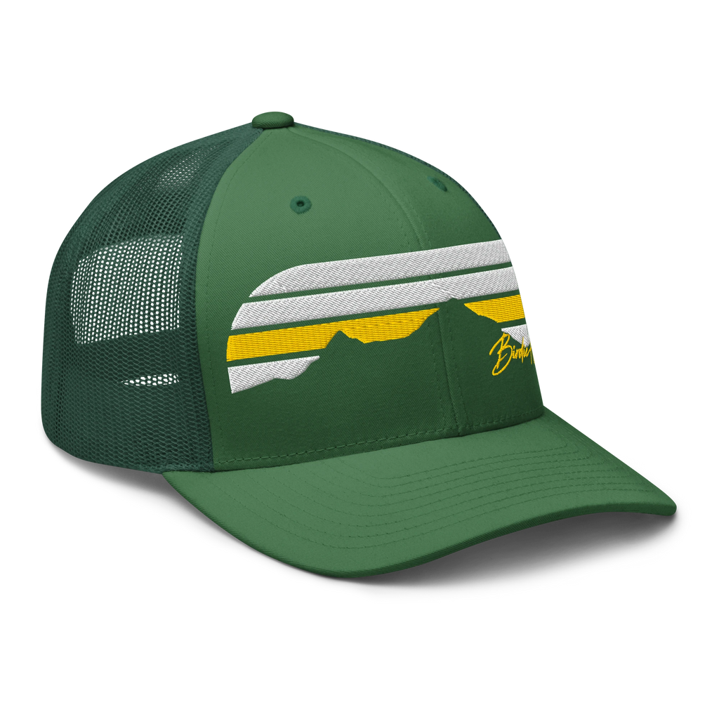 Birdie National green six-panel trucker cap with mesh back and embroidered mountain air flow logo