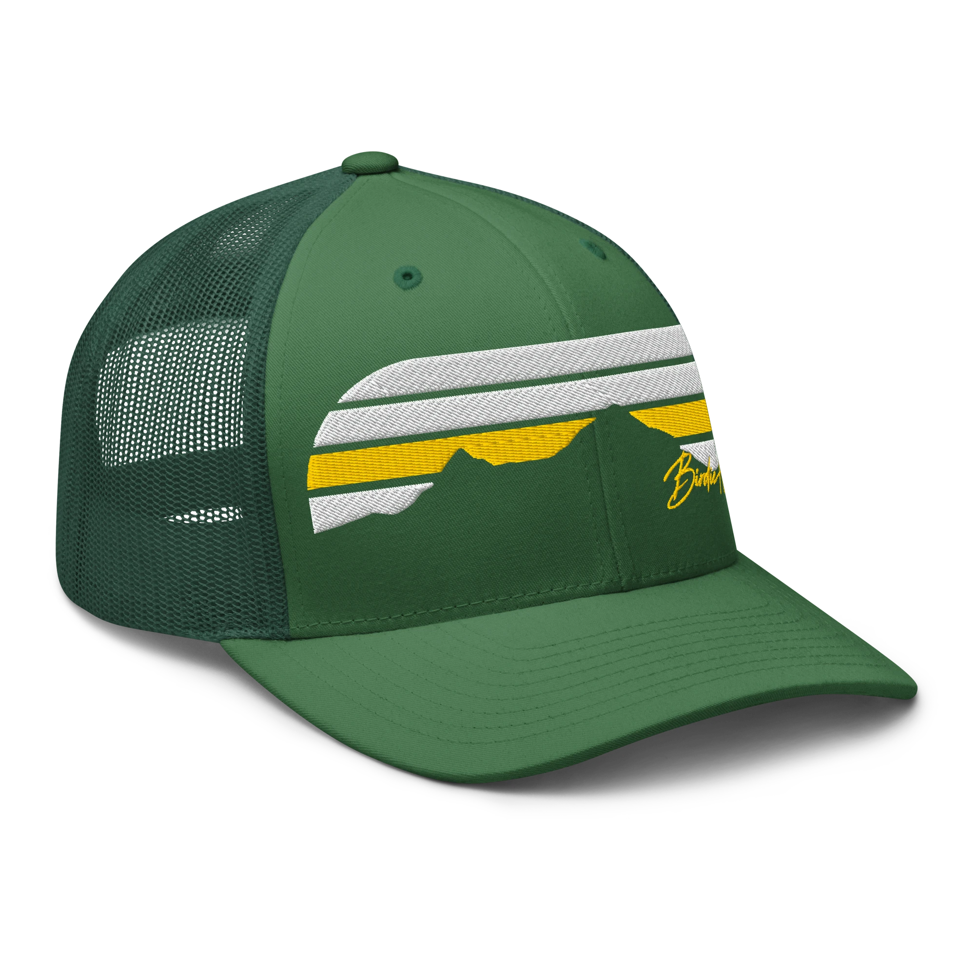 Birdie National green six-panel trucker cap with mesh back and embroidered mountain air flow logo