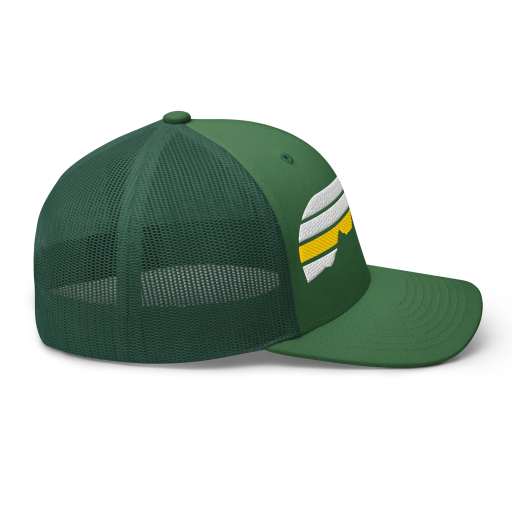 Birdie National green trucker cap with mesh back and embroidered mountain logo on the side profile